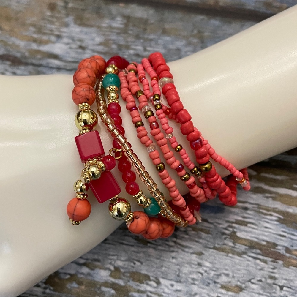 Coral & Gold Seed Bead Bracelets Set of 8 NWT